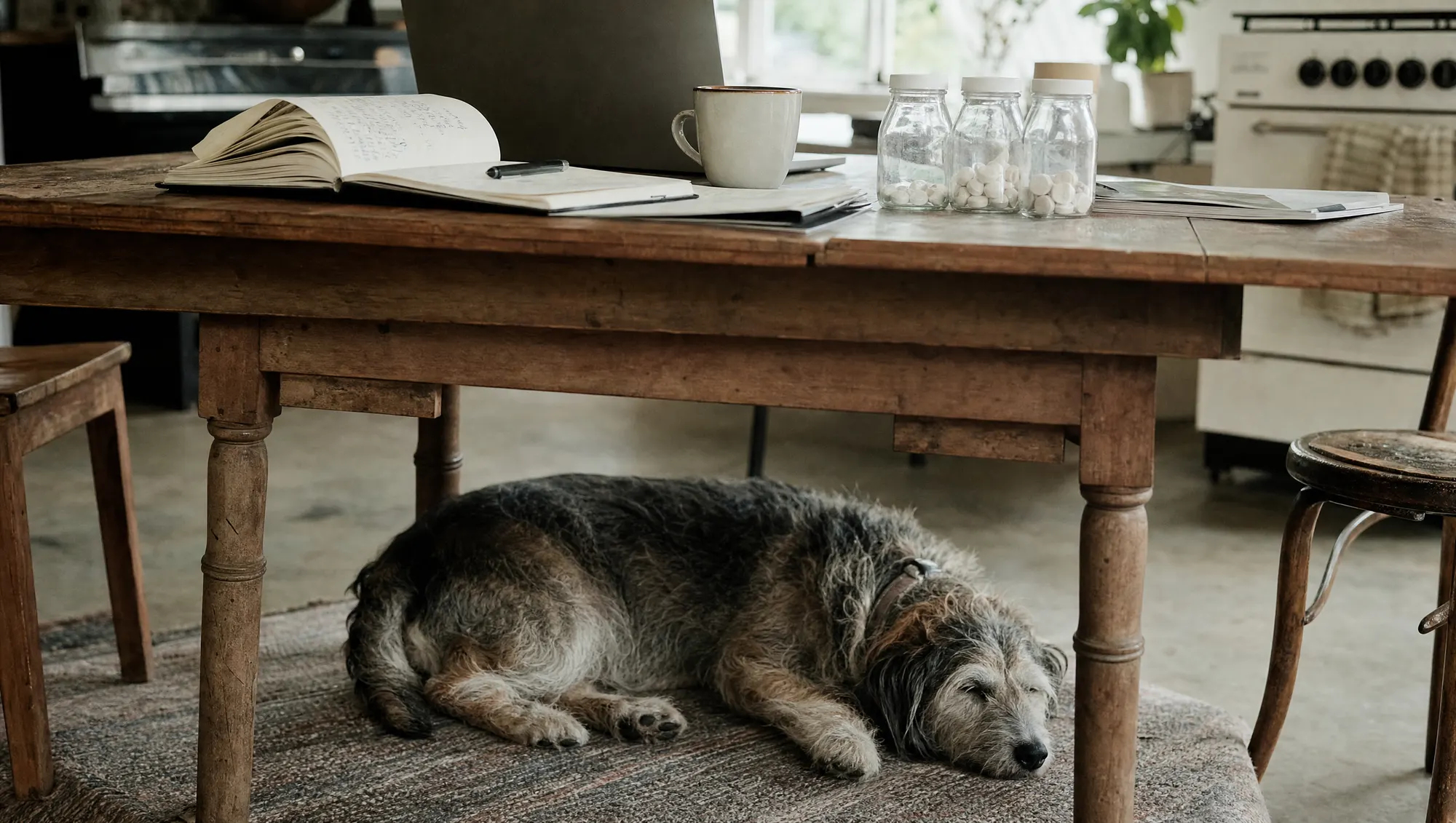 A scruffy grey-muzzled terrier asleep under a kitchen table covered in notebooks, a laptop and sample jars