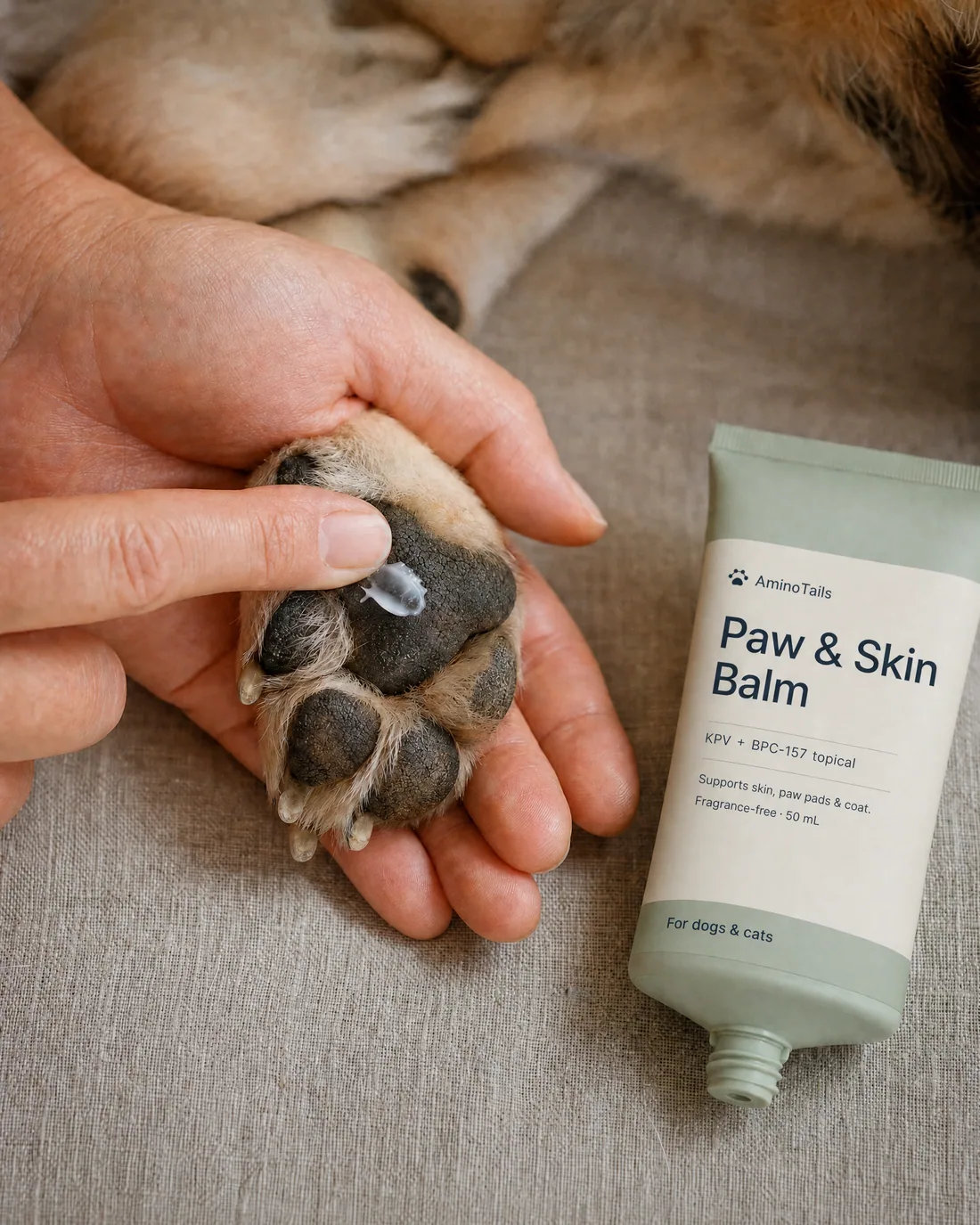 Hands massaging AminoTails balm into a dog's paw pads