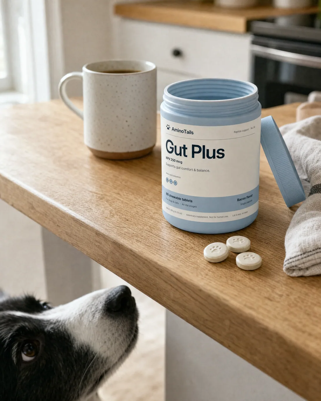 An open jar of Gut Plus on a kitchen counter with a dog looking up