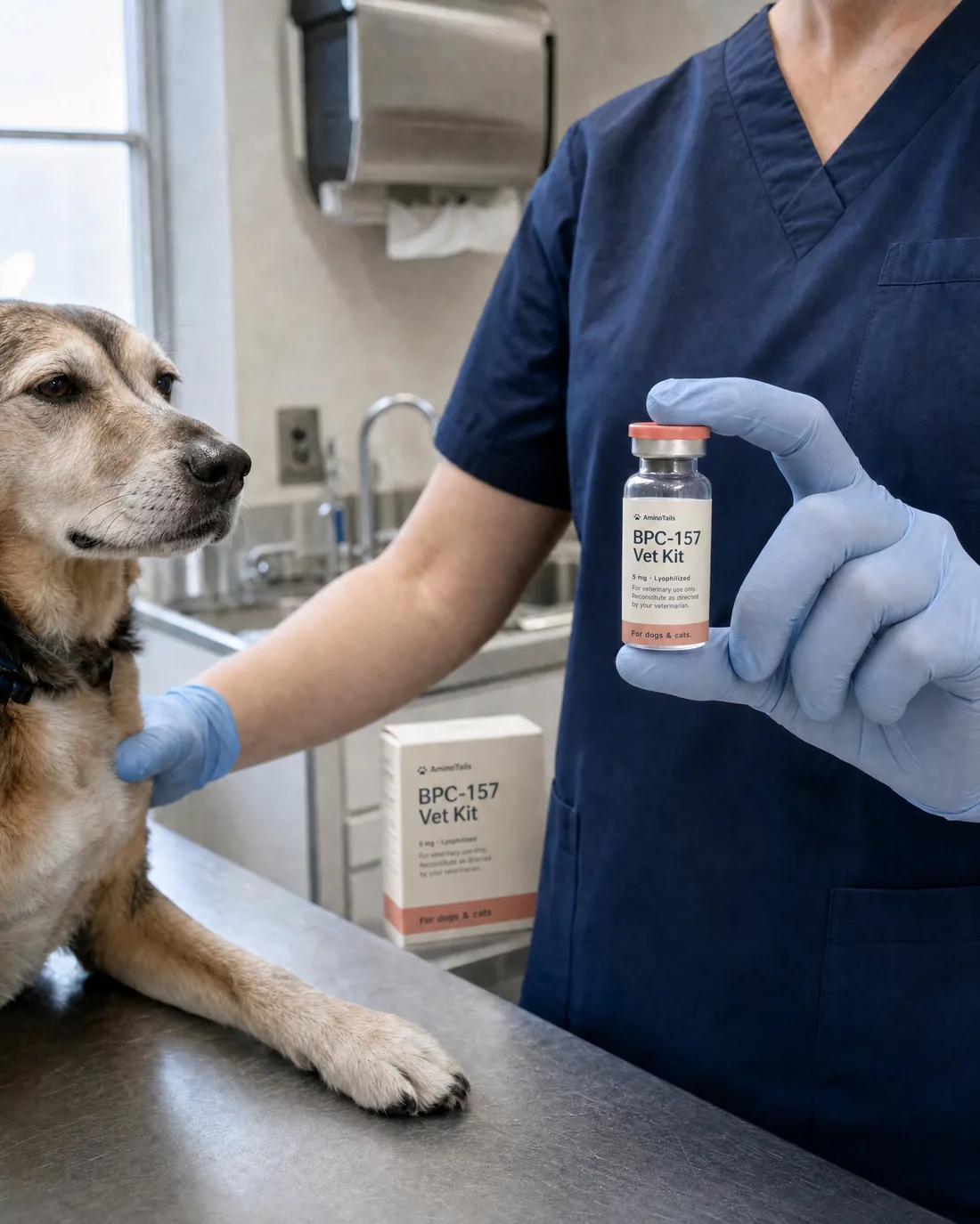 A veterinarian holding an AminoTails vial beside a calm dog