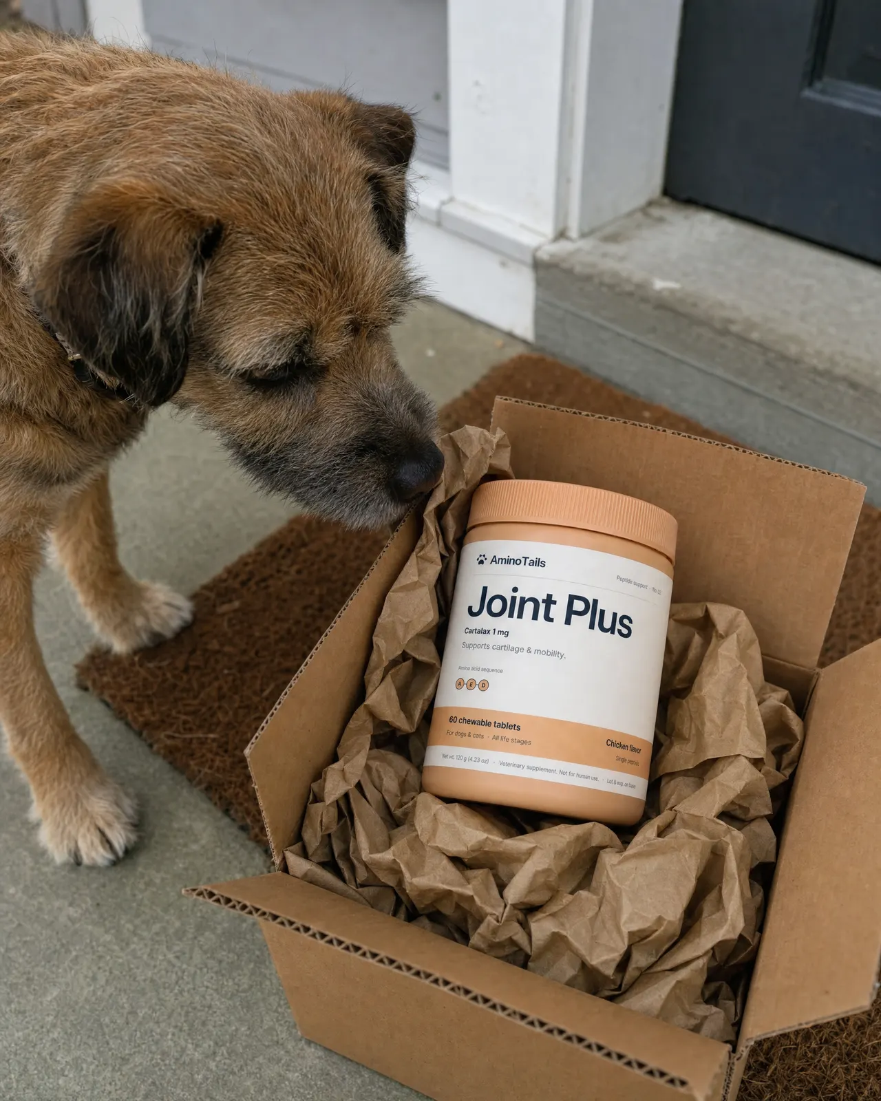 A terrier sniffing an opened AminoTails delivery box on a doorstep