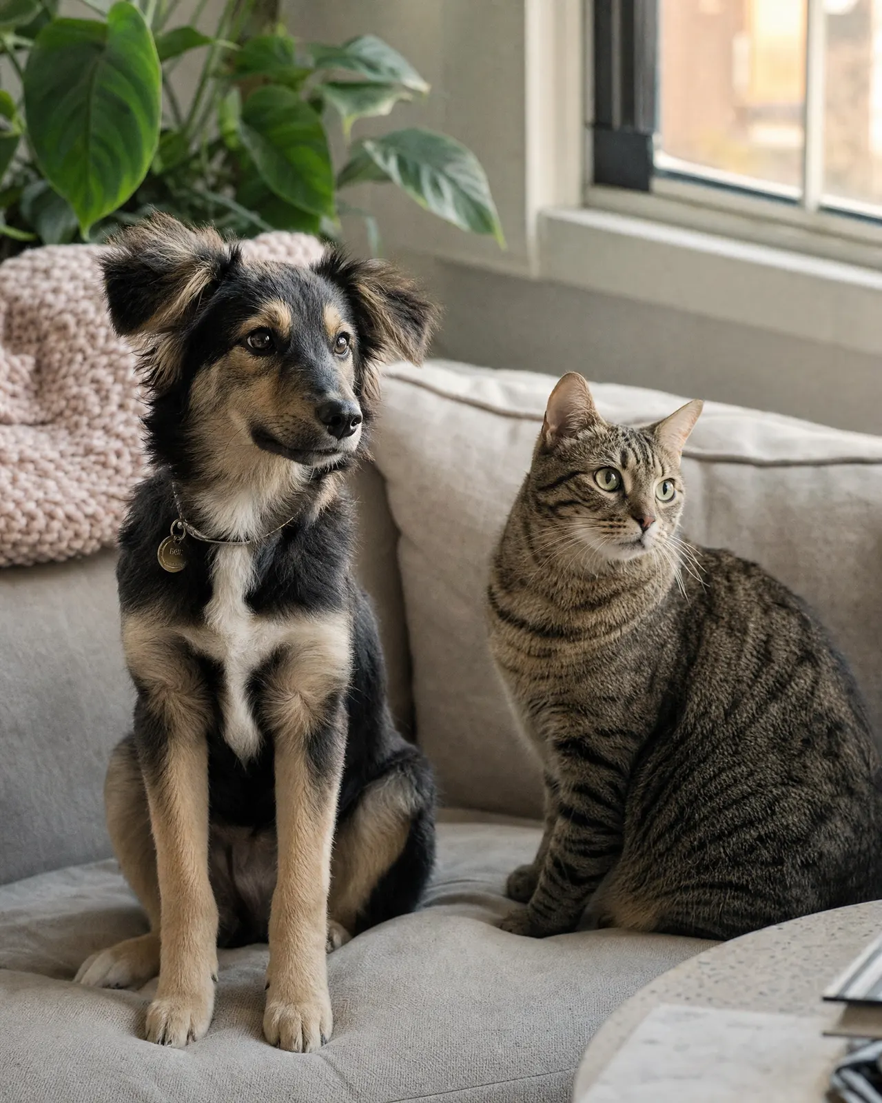 A young dog and a tabby cat sitting together on a sofa