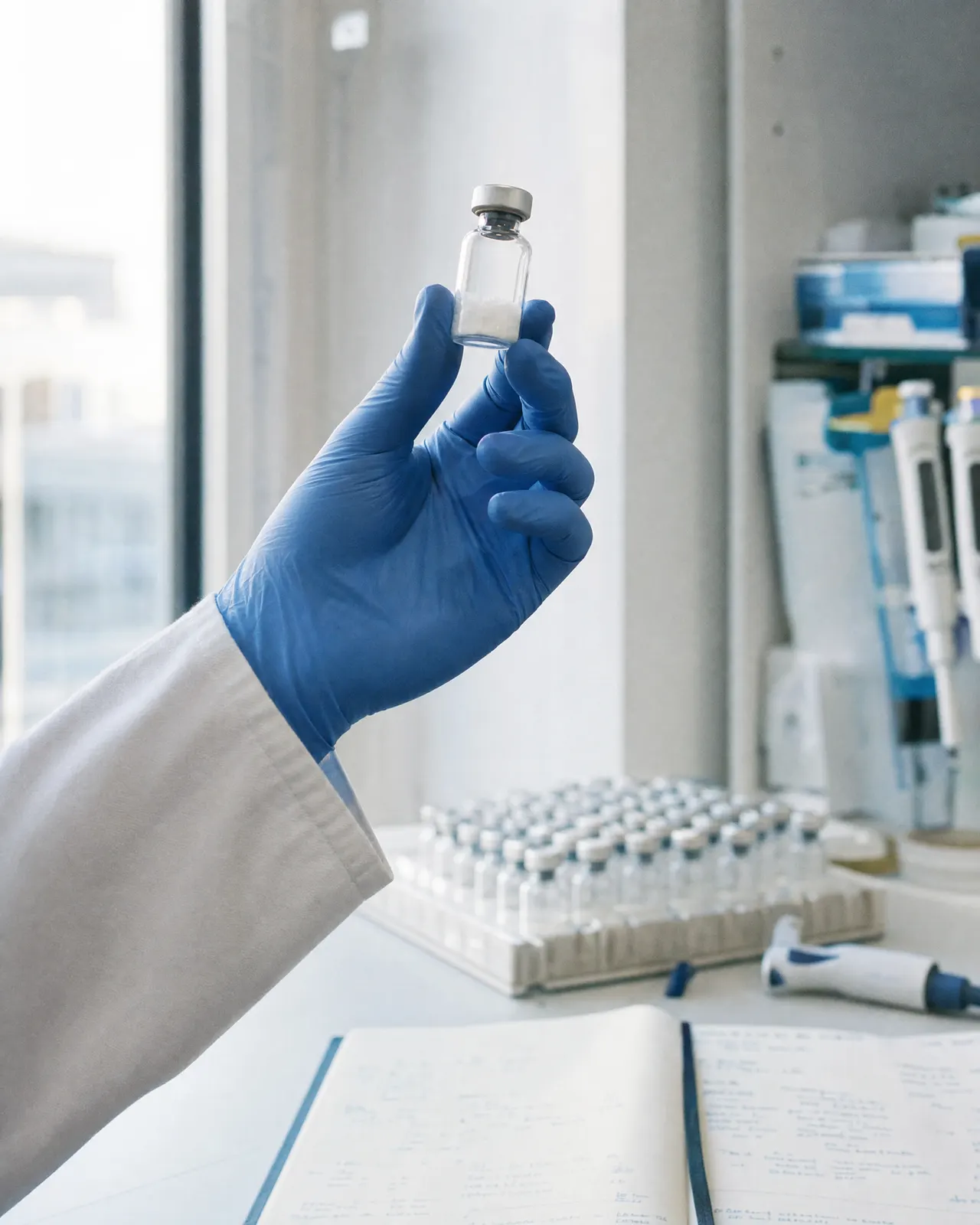 A gloved hand holding a vial of peptide powder up to the light in a lab