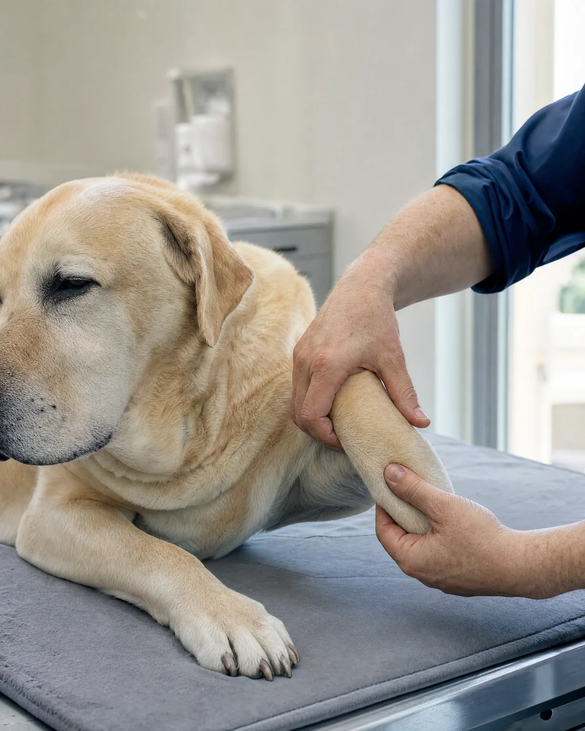A veterinarian gently examining a labrador’s front leg