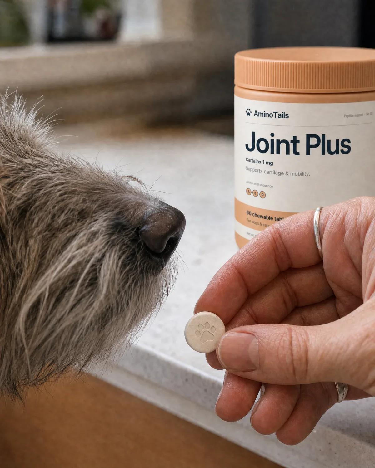 A scruffy dog sniffing a chewable tablet held in an open hand