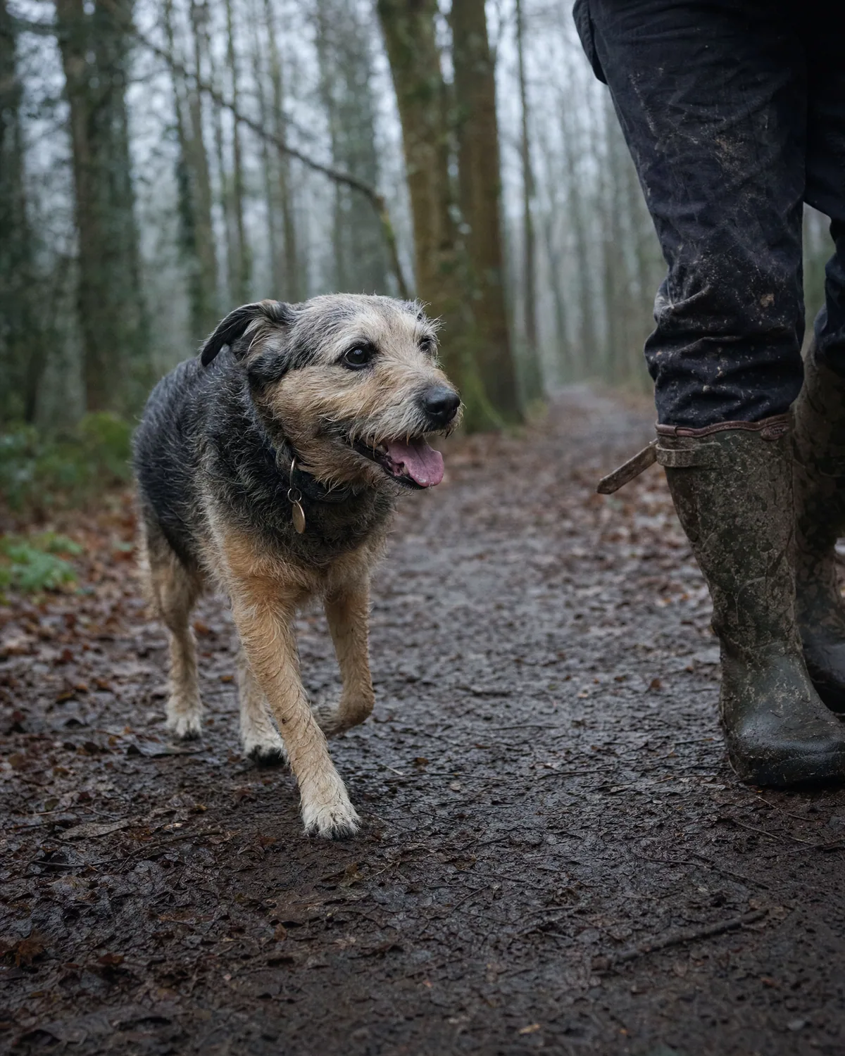An older terrier mix trotting along a muddy woodland path