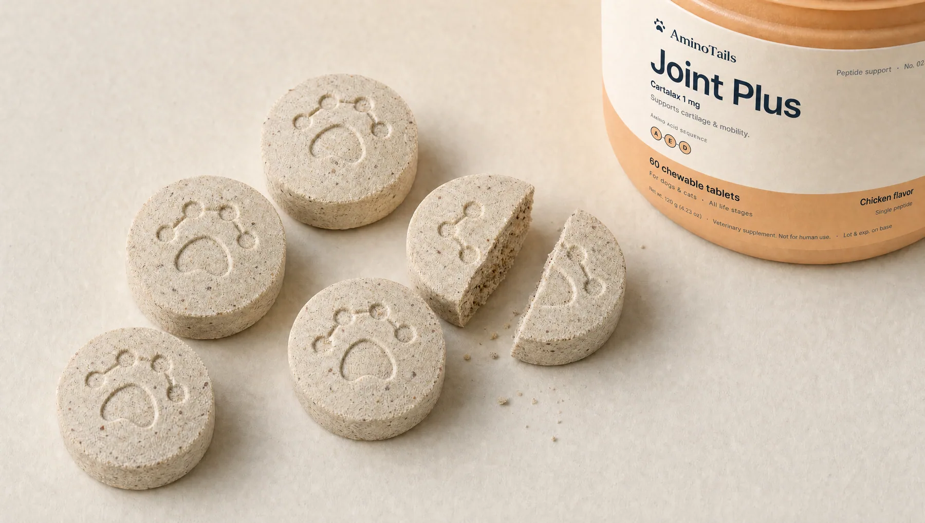Chewable tablets with a debossed paw, one snapped in half