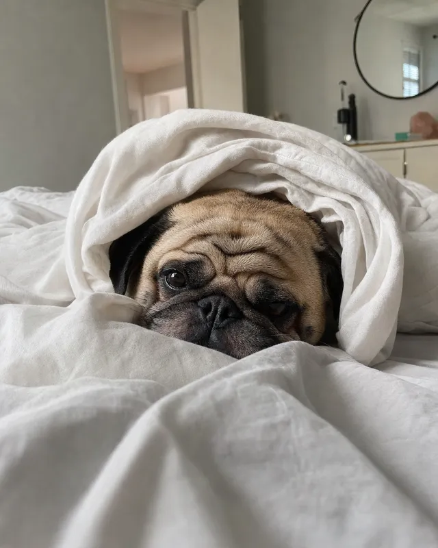 A senior dog asleep on its bed