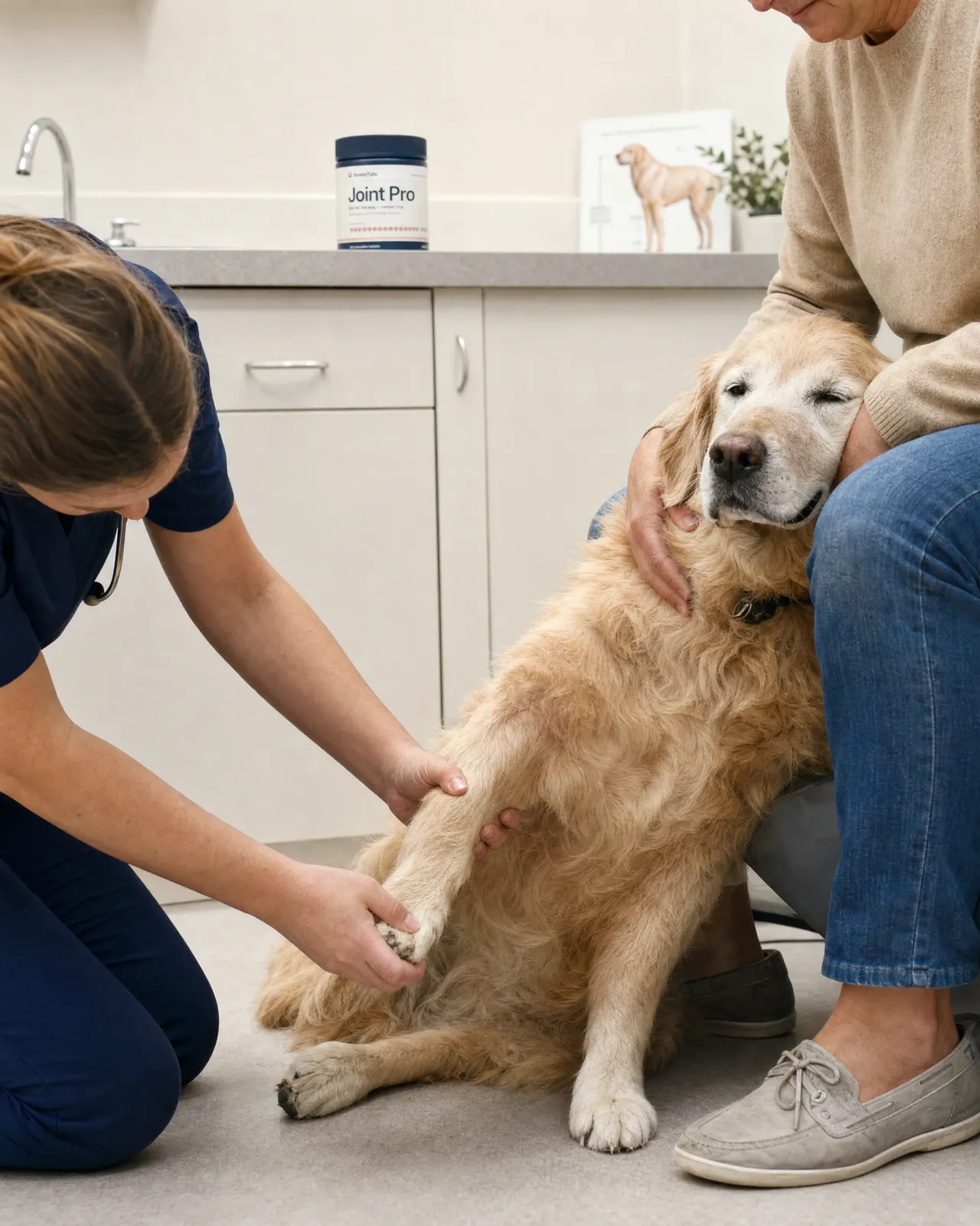 A veterinarian gently examining an elderly golden retriever’s front leg while its owner comforts it