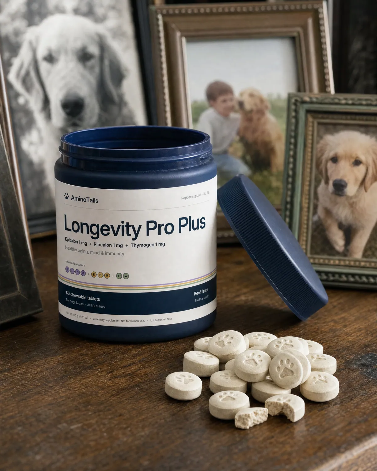 Longevity Pro Plus chews beside the open jar