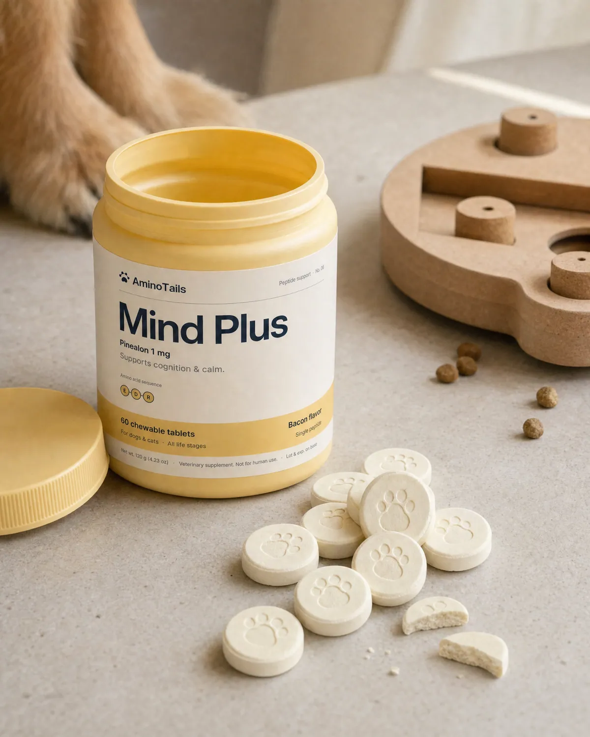 Mind Plus chews beside the open jar