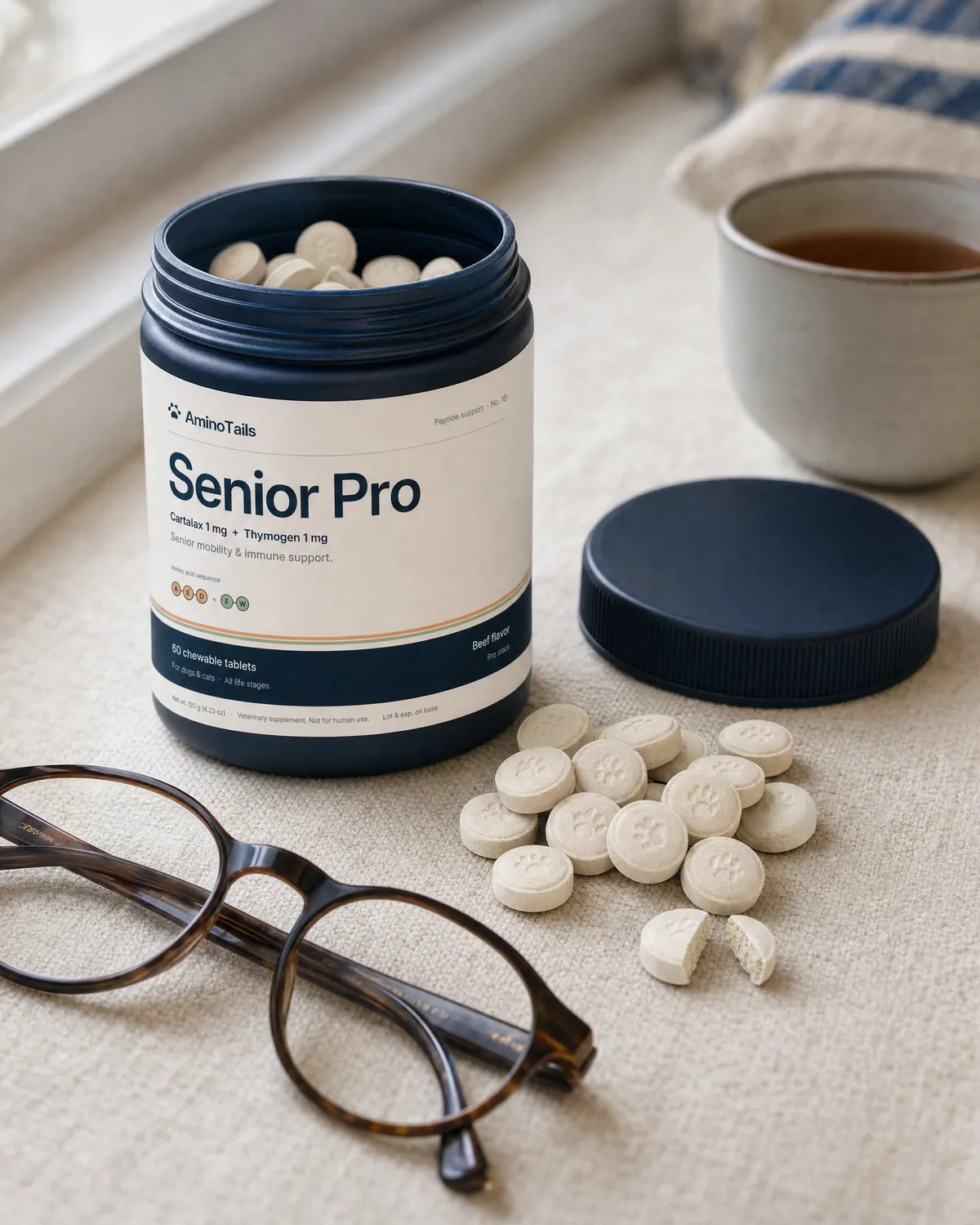 Senior Pro chews beside the open jar